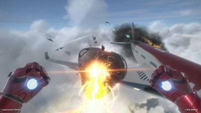 Iron Man, star of Marvel's Iron Man VR, shoots his unibeam at an oncoming enemy aircraft
