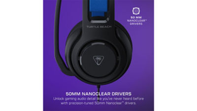 A detailed close-up of the Turtle Beach Atlas headset showing the Turtle Beach logo on the earcup and blue suspension-style headband. A graphic on the right reads “50 mm Nanoclear™ Drivers” on a purple background.