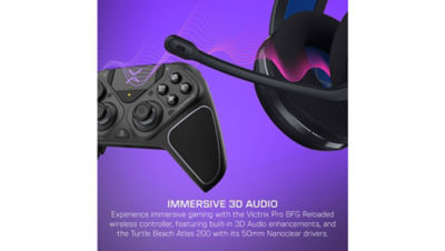 A Turtle Beach Victrix controller and Atlas headset appear side by side on a purple background. A flexible boom microphone is shown extending from the headset with stylized pink and purple audio waves flowing across the image.