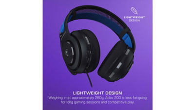 A close-up view of the Turtle Beach Atlas gaming headset highlighting its black earcups, blue interior padding, and breathable mesh headband. A “Lightweight Design” icon and label appear on the right against a purple background.