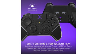 Front and back views of the Turtle Beach Victrix controller displayed on a purple background. A graphic on the left highlights the “Hall Effect Thumbsticks” feature above the controller’s analog sticks.