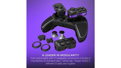 A Turtle Beach Victrix controller shown with its modular design opened, featuring swappable thumbsticks, D-pads, and faceplate components laid out below it on a purple background.