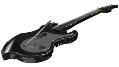 Side view of the black Riffmaster guitar controller highlighting fret buttons and body design.
