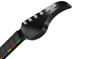 Close-up of the Riffmaster guitar controller headstock with tuning pegs and colored fret buttons.