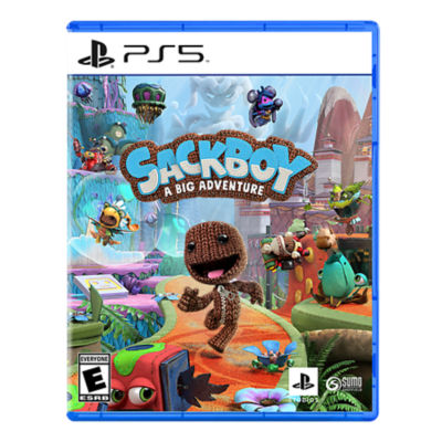 PS5 Sackboy A Big Adventure box art featuring Sackboy running along side some friends and enemies.
