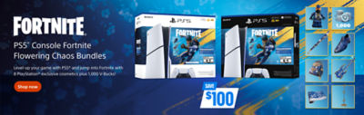 Promotional banner for Fortnite showing PS5® Console Fortnite Flowering Chaos bundles with blue and yellow background. Text reads “Level-up your game with PS5® and jump into Fortnite with 8 PlayStation® exclusive cosmetics plus 1,000 V-Bucks!” Includes a “Shop now” button and a PS Plus callout reading “PS Plus members save 5% every day.”