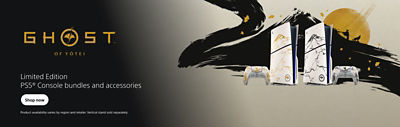 Two limited edition PS5® consoles and matching DualSense® wireless controllers in gold and black Ghost of Yōtei designs. A stylized mountain silhouette with a yellow sun and samurai figures creates a striking background.