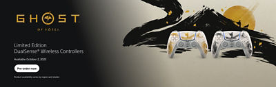 Promotional banner for the Ghost of Yōtei Limited Edition DualSense Wireless Controllers. Two controllers are displayed, one with a gold mountain design and one with a black mountain design, set against an illustrated background of Mount Yōtei with a sunset and falling leaves. Text: “Limited Edition DualSense Wireless Controllers. Available October 2, 2025.” Button: “Pre-order now.”