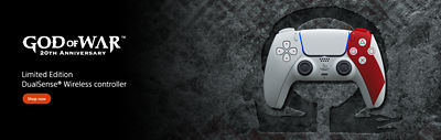 Limited edition DualSense wireless controller in white with red accents for the God of War 20th Anniversary, displayed on a dark stone background with “Shop now” button.