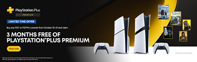 Promotional banner showing PS5 and PS5 Pro consoles with DualSense controllers, alongside game covers for God of War Ragnarök, Hogwarts Legacy, The Last of Us Part II, and Death Stranding, highlighting a limited-time offer of 3 months free PlayStation Plus Premium with Shop now button.