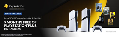 Promotional banner showing PS5 and PS5 Pro consoles with DualSense controllers, alongside game covers for God of War Ragnarök, Hogwarts Legacy, The Last of Us Part II, and Death Stranding, highlighting a limited-time offer of 3 months free PlayStation Plus Premium.
