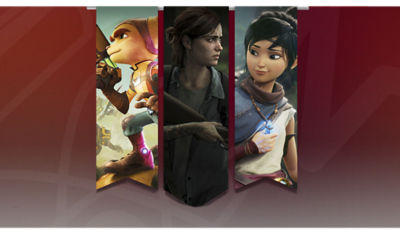 Banner featuring characters from The Last of Us, Ratchet & Clank and Kena.