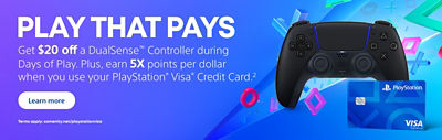 Days of Play. Play that pays. Get $20 off a DualSense Controller. Plus, earn 5x points per dollar with your PlayStation Visa Credit Card. Learn more.