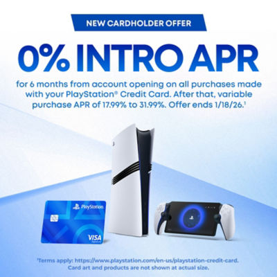Promotional banner for the PlayStation Credit Card showing a 0% introductory APR offer Includes a blue PlayStation Visa Signature credit card, a PlayStation 5 console, and a PlayStation Portal device on a light blue background. A “Learn more” button is displayed on the left.