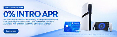 Promotional banner for the PlayStation Credit Card showing a 0% introductory APR offer Includes a blue PlayStation Visa Signature credit card, a PlayStation 5 console, and a PlayStation Portal device on a light blue background. A “Learn more” button is displayed on the left.
