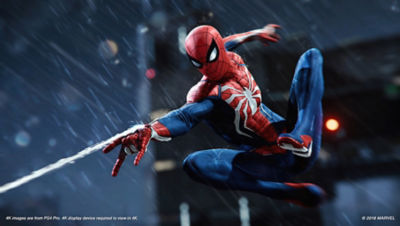 PS4 Spiderman screenshot featuring Spiderman firing off his webbing as he is swinging through New York City in the rain.