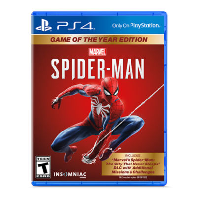 PS4 Spider-Man Game of the Year Edition box art with Spider-Man swinging on a web
