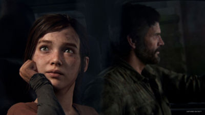 PC The Last of Us Part 1 Joel and Ellie driving in a car.