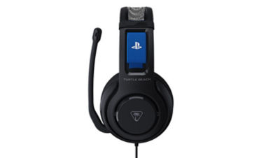 Side profile of the Turtle Beach Atlas wired headset showing the PlayStation logo on the band and the flexible microphone arm.