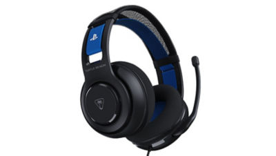 Angled view of the Turtle Beach Atlas wired gaming headset for PlayStation, featuring black and blue design with mesh headband and adjustable microphone.