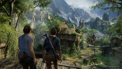 PS5 Uncharted Legacy of Thieves Collection image of  Nathan and Sam looking at pirate village